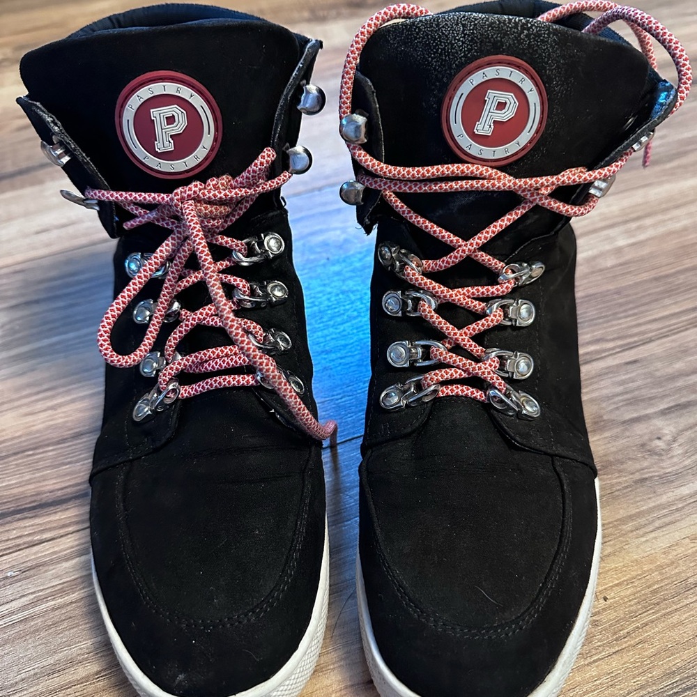 Black High-Top Sneakers with Red Laces